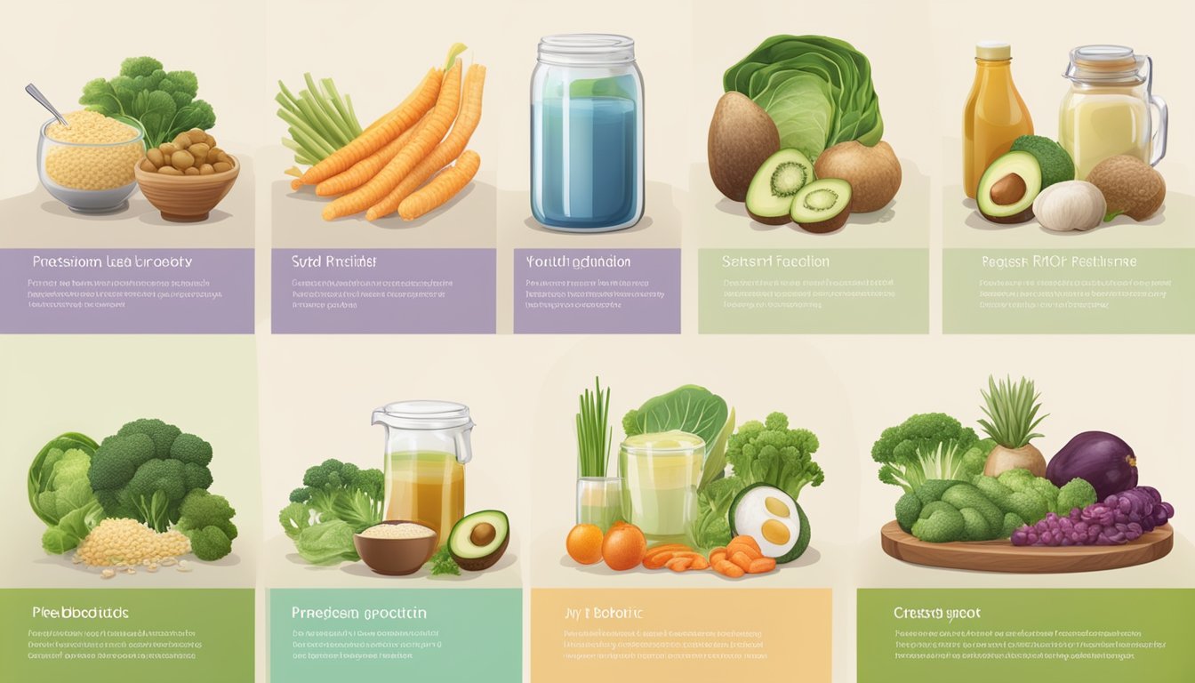 A variety of prebiotic and probiotic-rich foods displayed with clear usage guidelines