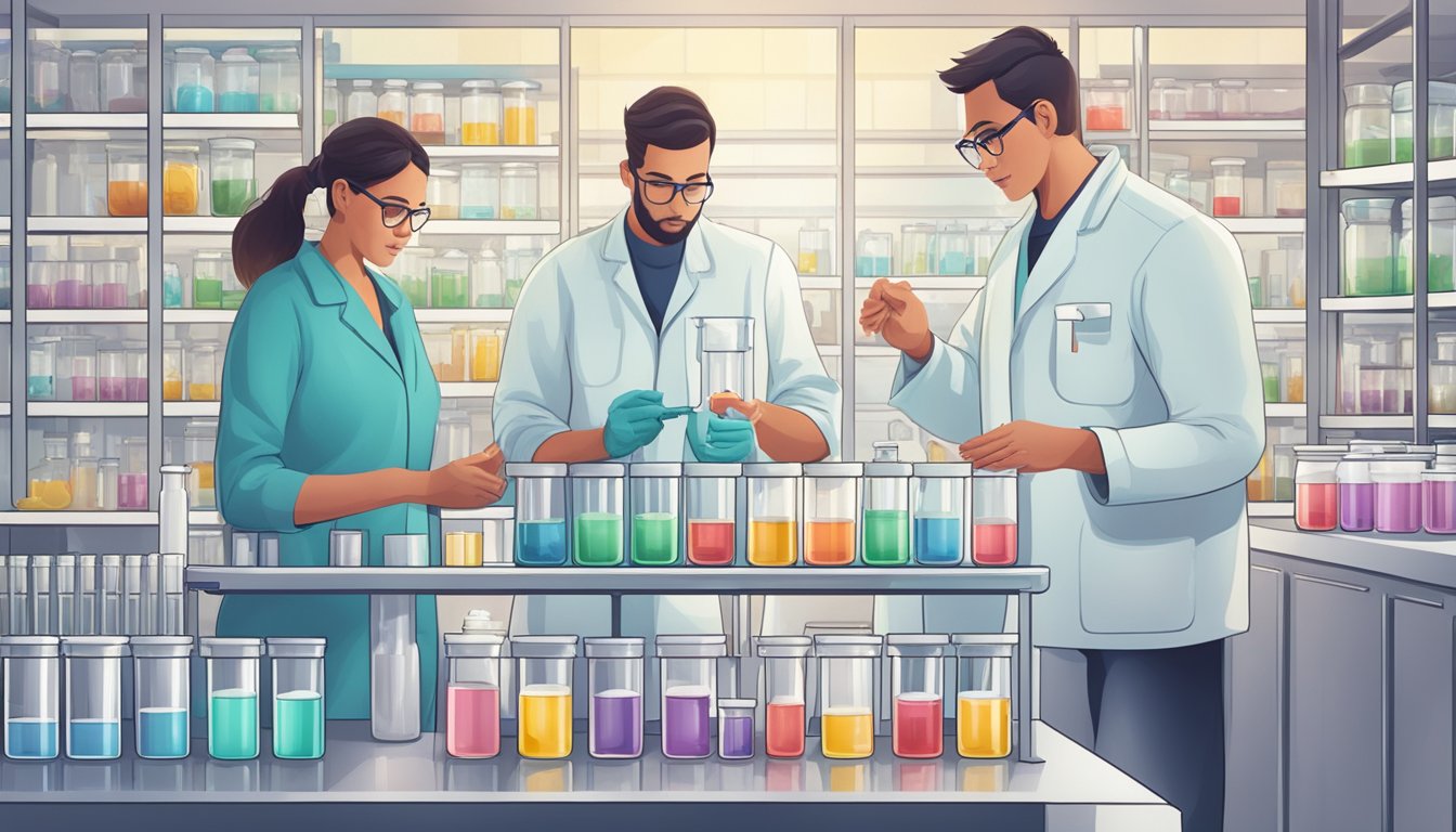 A laboratory setting with scientists examining test tubes and petri dishes filled with prebiotics and probiotics