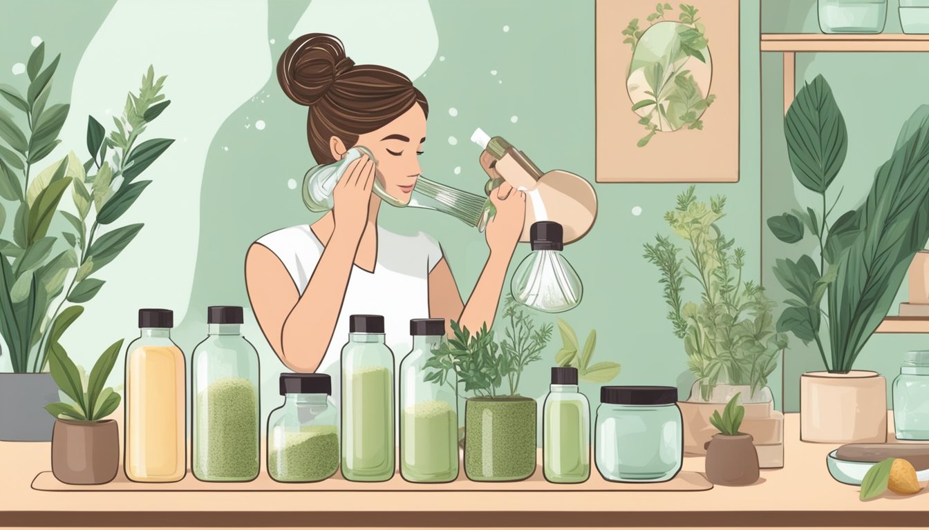 A woman pouring homemade dry shampoo powder from a glass jar onto her hairbrush, with various natural ingredients and herbs displayed in the background