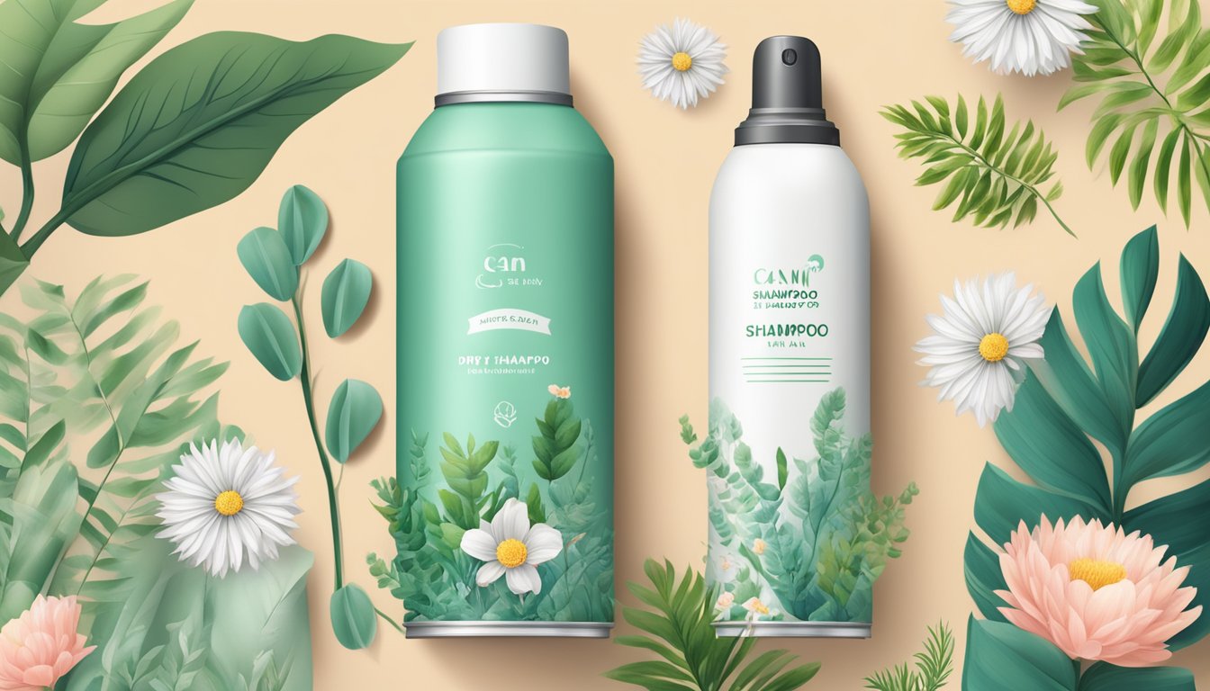 A can of dry shampoo surrounded by various natural elements like plants, flowers, and clean air