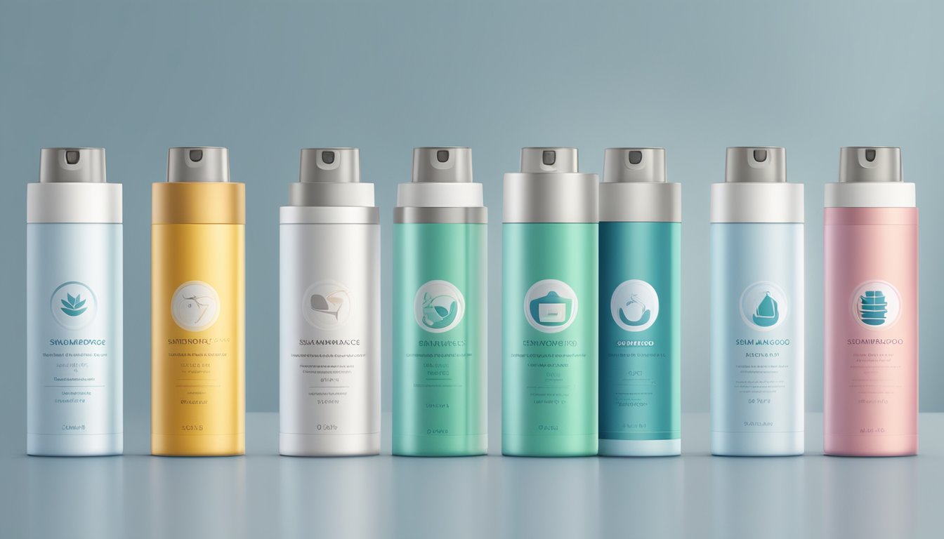 A row of dry shampoo bottles with regulatory standards and compliance symbols