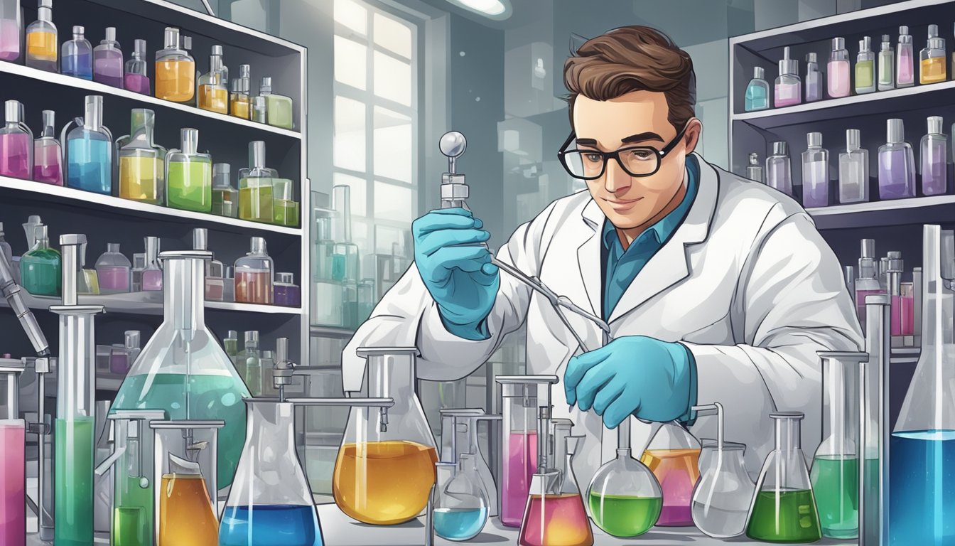 A scientist in a lab, surrounded by beakers and test tubes, carefully mixing various chemicals to create a new perfume formulation