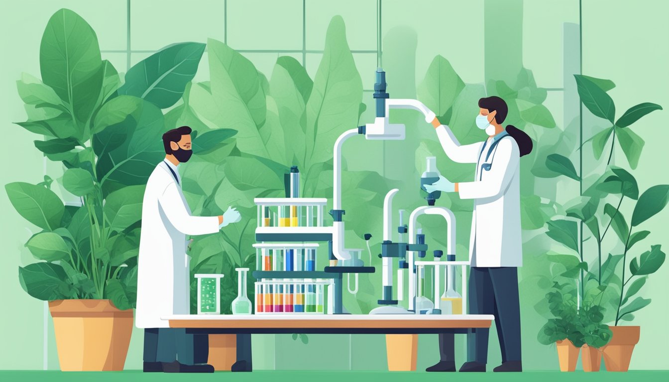 A laboratory table with test tubes and scientific equipment, surrounded by green plants including Spanish needle, with researchers conducting studies