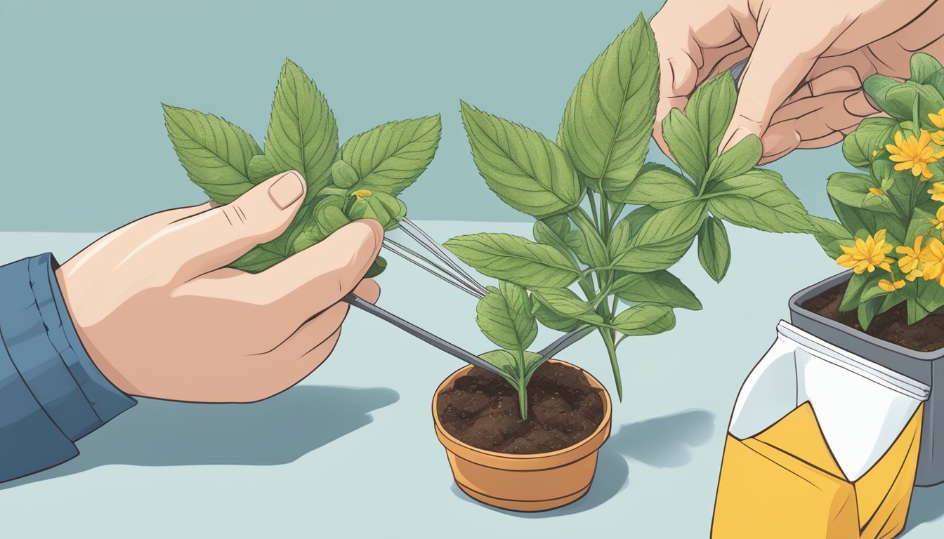 A pair of hands carefully tending to a blooming Spanish needle plant, surrounded by safety gear and precautionary measures