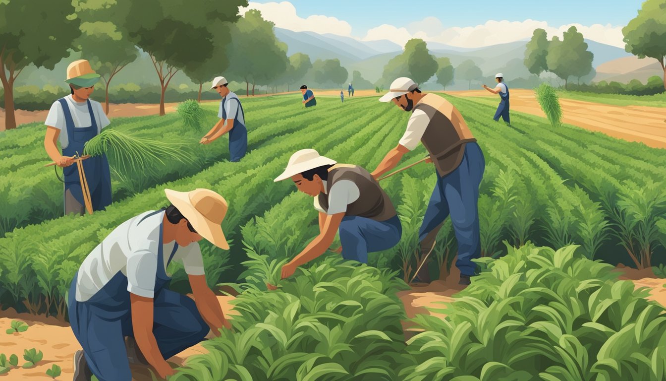 A lush field of Spanish needle plants being sustainably harvested and cultivated, with workers tending to the crops and gathering the beneficial plant material