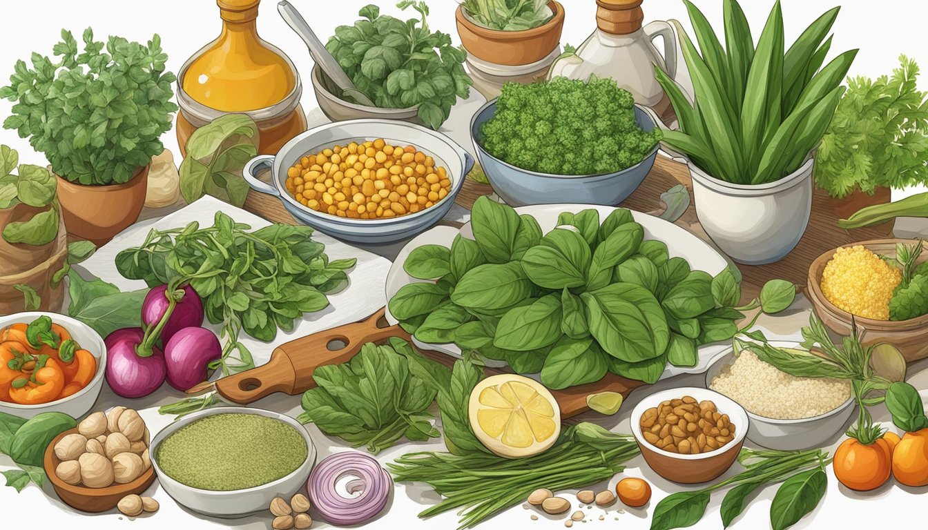 An array of fresh Spanish needle plants surrounded by various culinary ingredients and utensils, hinting at its potential uses in cooking