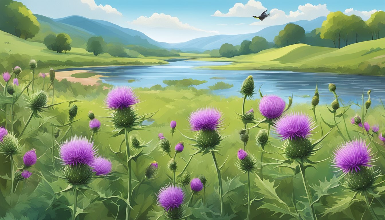 A serene meadow with blooming milk thistle plants under a clear blue sky, surrounded by flowing streams and chirping birds