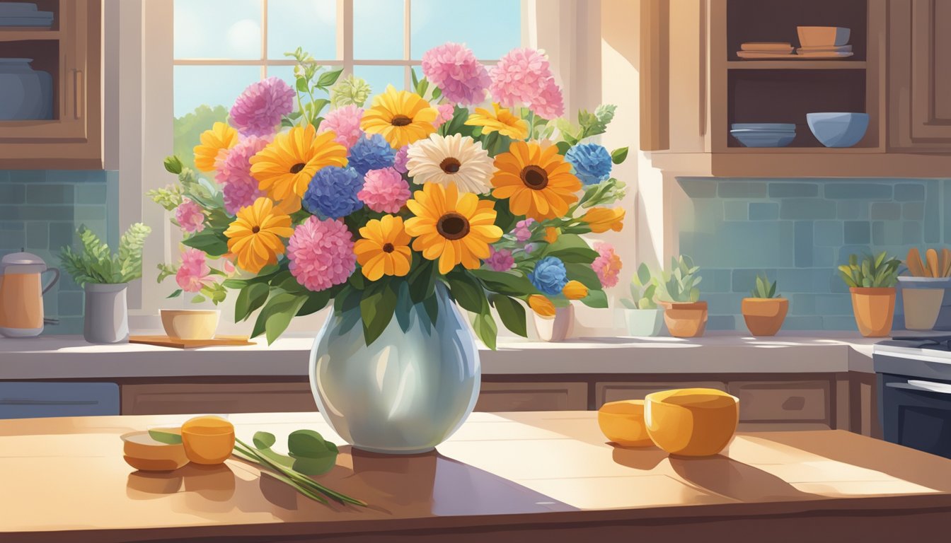 A vase of colorful flowers sits on a sunlit kitchen table, while a bouquet adorns a cozy living room, adding vibrant beauty to the home