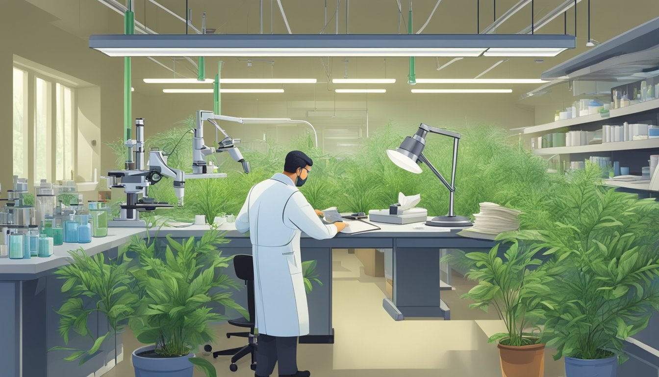 A scientist in a lab examines Spanish needle plants under a microscope, surrounded by research papers and scientific equipment