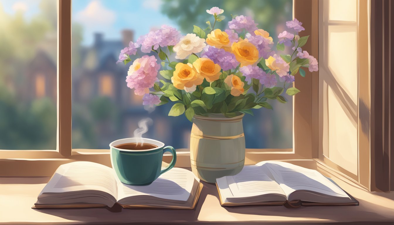 A cozy reading nook with a sunlit window, a vase of fresh flowers, a steaming cup of tea, and a stack of poetry books