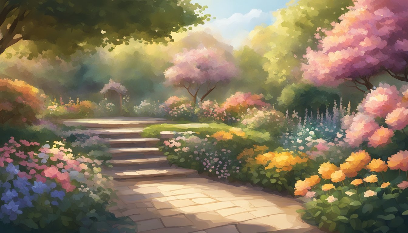 A serene garden with colorful flowers blooming, a gentle breeze rustling the leaves, and a soft sunlight casting a warm glow on the scene