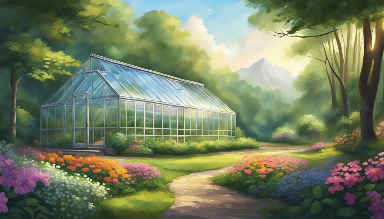 A serene, sunlit clearing in a lush forest, with a sturdy, partially buried greenhouse surrounded by vibrant greenery and blooming flowers