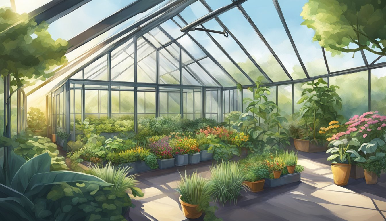 A sunlit earth sheltered greenhouse with a variety of plants thriving in the natural climate control