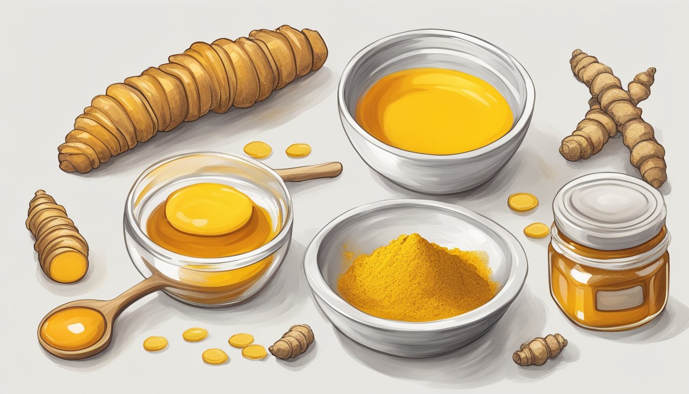 A small bowl of turmeric and honey sits on a clean, white surface, surrounded by fresh turmeric roots and a jar of golden honey