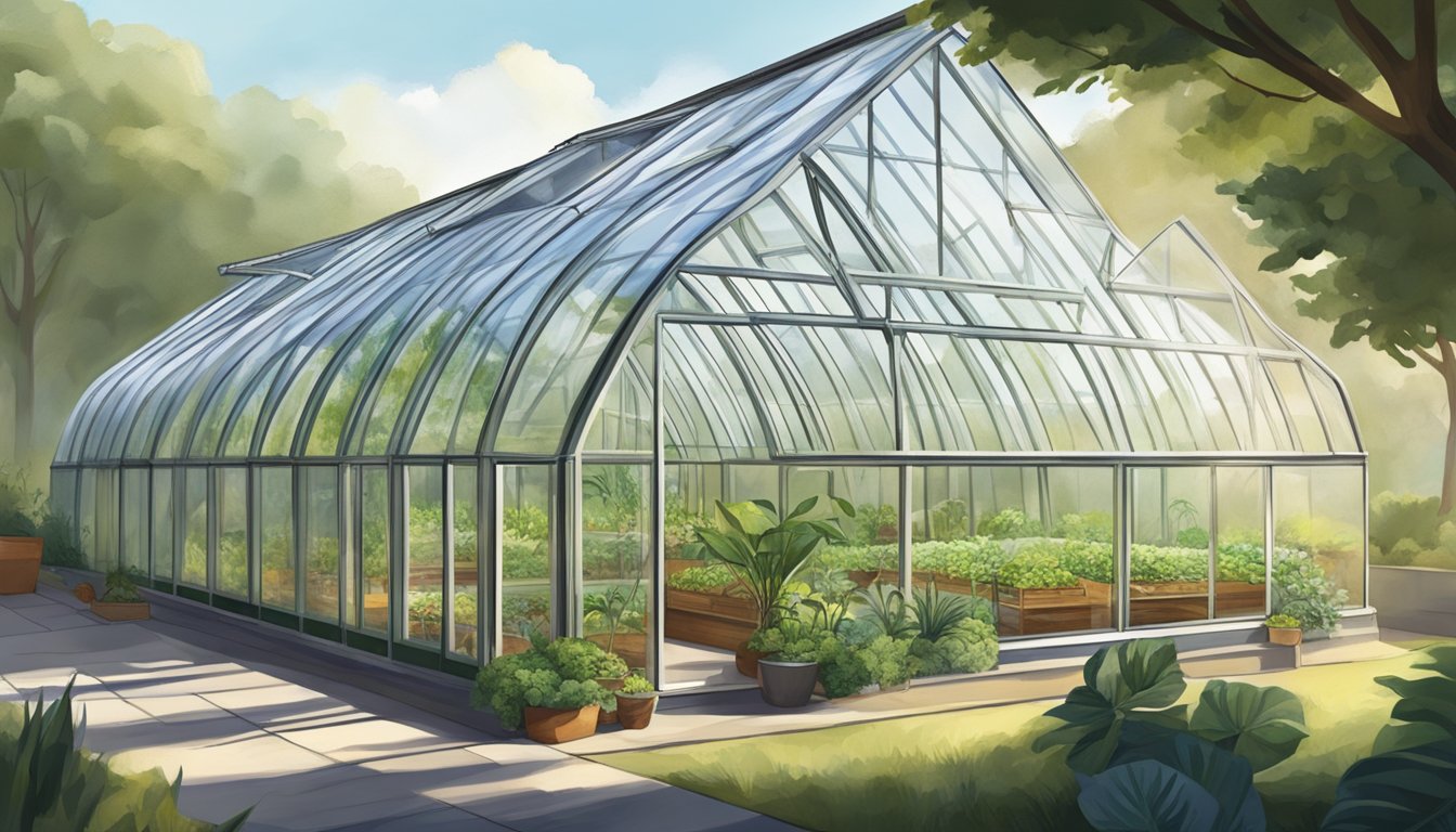 A sunlit earth sheltered greenhouse with plants thriving and a sustainable energy system in place