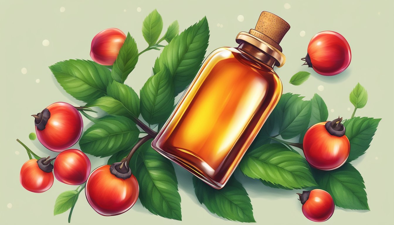 A bottle of rosehip oil surrounded by vibrant red rosehip berries and green leaves, with a soft glow emanating from the oil