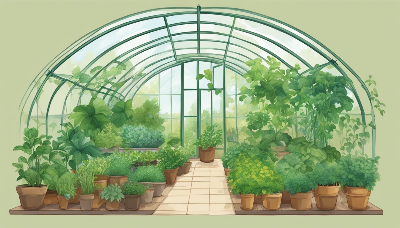 Lush green plants thrive in an earth-sheltered greenhouse, with a variety of herbs and vegetables carefully tended to by a gardener