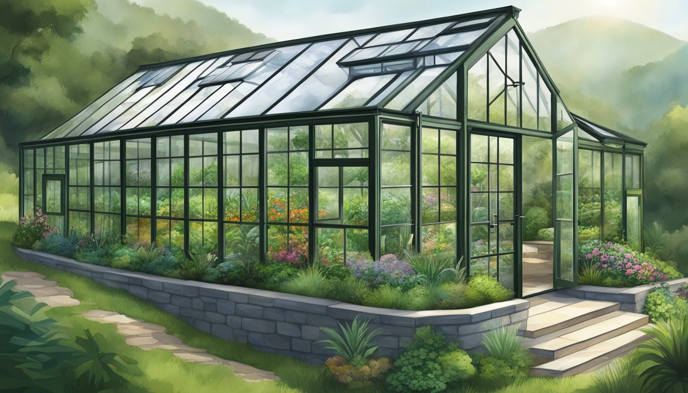 A lush, earth-sheltered greenhouse nestled into a hillside, with a clear roof and abundant greenery thriving inside