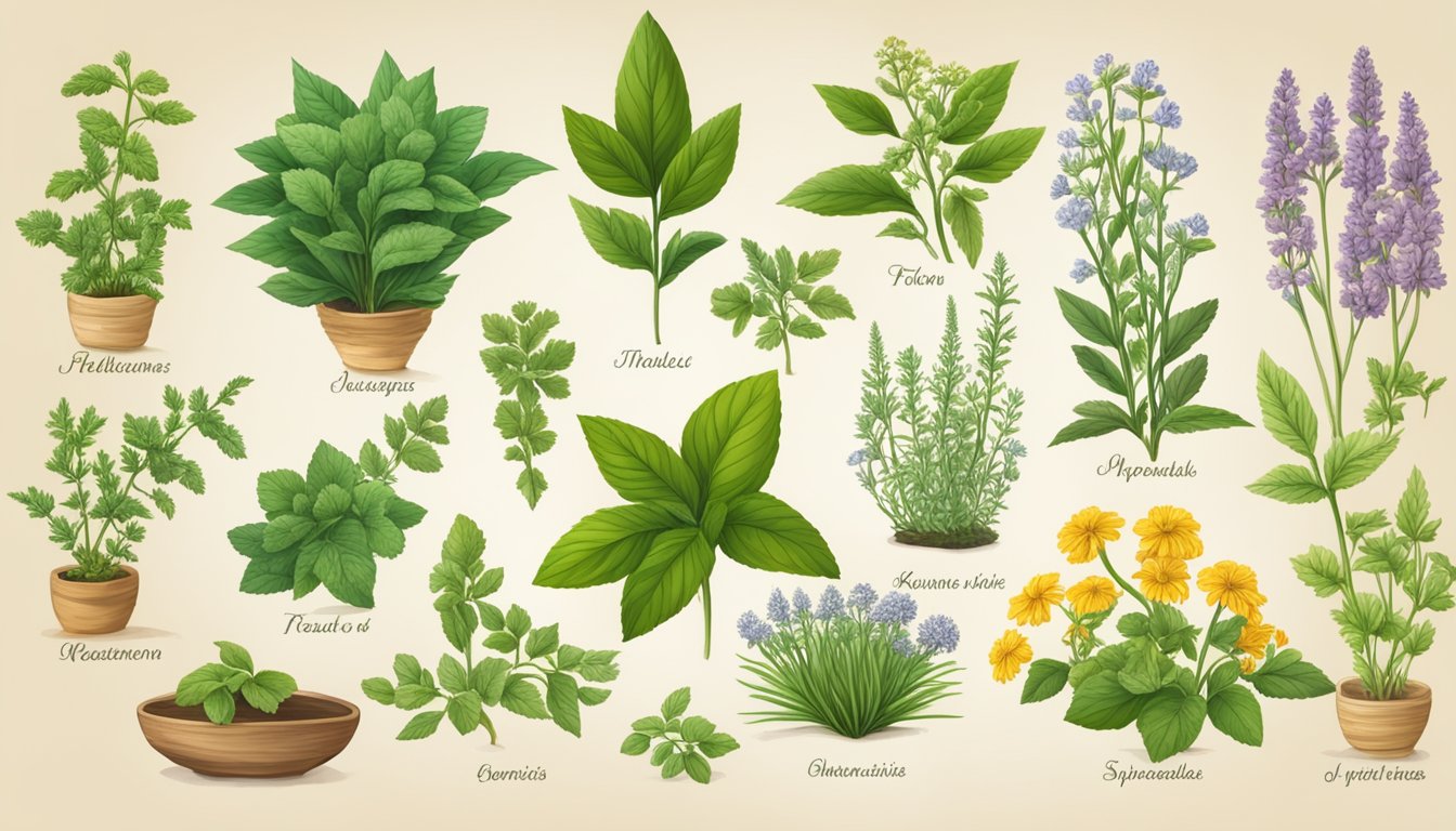 A collection of various herbs and plants commonly used for herbal remedies, with a focus on those known to alleviate arthritis symptoms