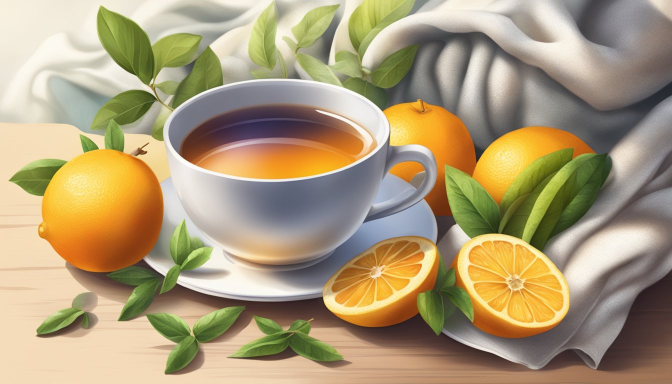 A steaming cup of herbal tea surrounded by a pile of warm blankets and a bowl of citrus fruits on a wooden table