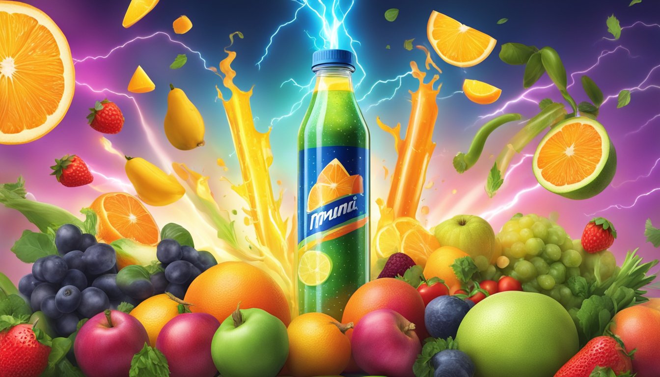 A vibrant, glowing energy drink with a burst of lightning emanating from the bottle, surrounded by various fruits and vegetables