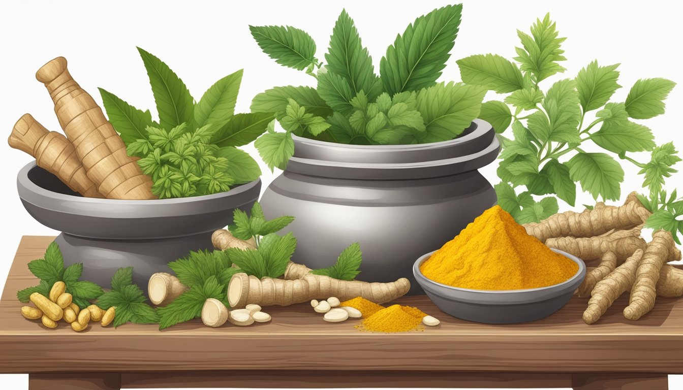 A collection of various herbs and plants, such as turmeric, ginger, and boswellia, arranged on a wooden table with a mortar and pestle