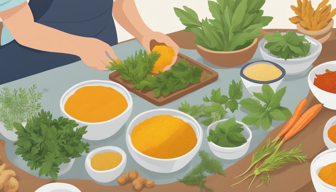 A person preparing a variety of fresh herbs, such as turmeric, ginger, and cayenne pepper, in a kitchen