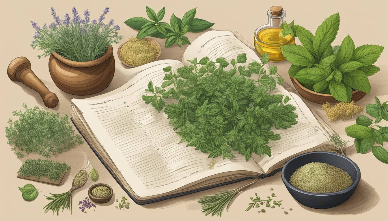 A table covered in various herbs and ingredients, with mortar and pestle, and a book of herbal remedy recipes open to a page on arthritis relief