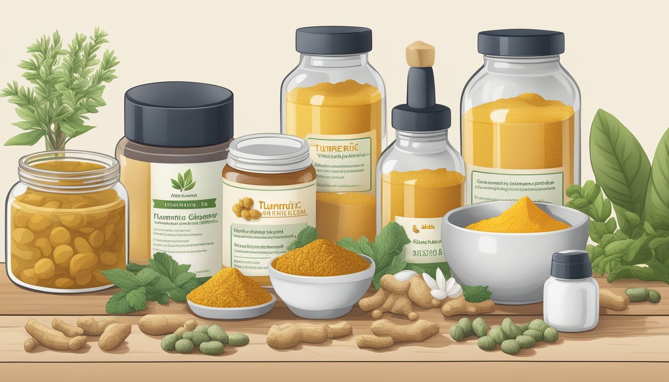 A variety of herbs, such as turmeric, ginger, and boswellia, displayed alongside bottles of supplements and jars of creams for arthritis relief