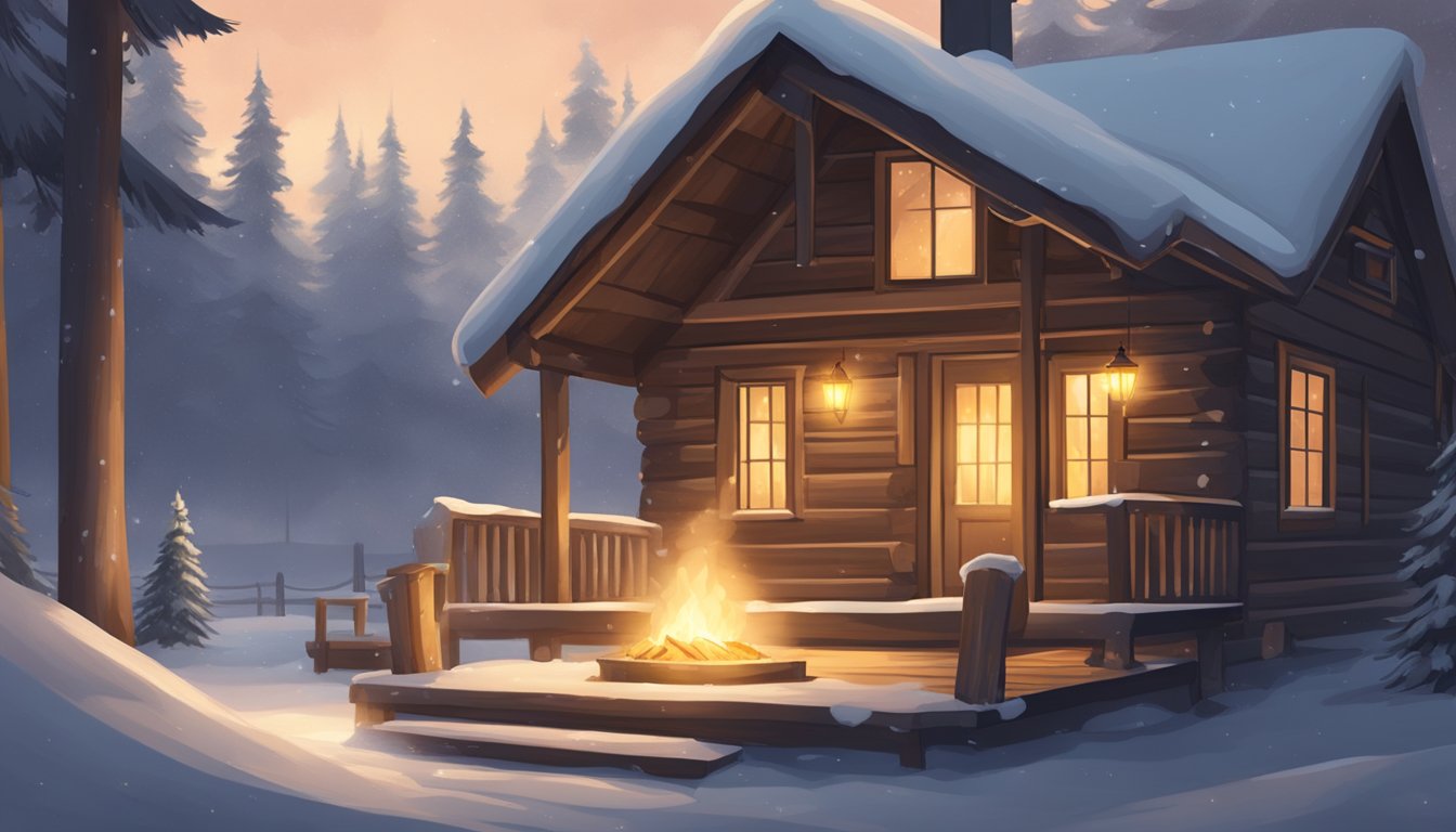 A cozy cabin with a crackling fire, a steaming mug, and a fluffy blanket. Outside, snow falls gently, creating a peaceful winter scene