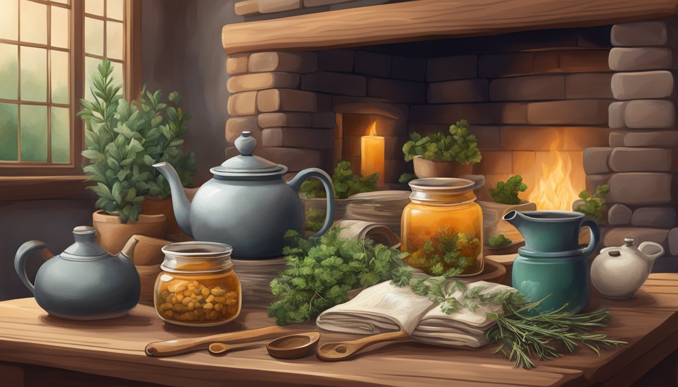 A table with vintage jars of herbs, a mortar and pestle, and a steaming teapot surrounded by cozy blankets and a crackling fireplace