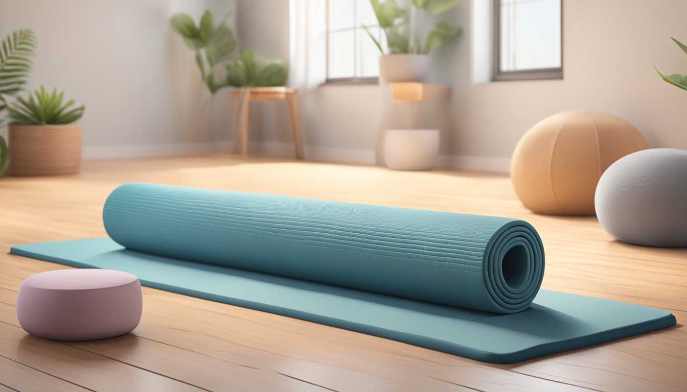 A serene yoga mat with props like blocks and a bolster, set in a peaceful, well-lit space with soft colors and natural elements