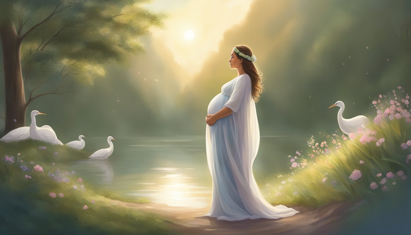 A serene, pregnant figure surrounded by soft light and gentle nature, radiating strength and peace