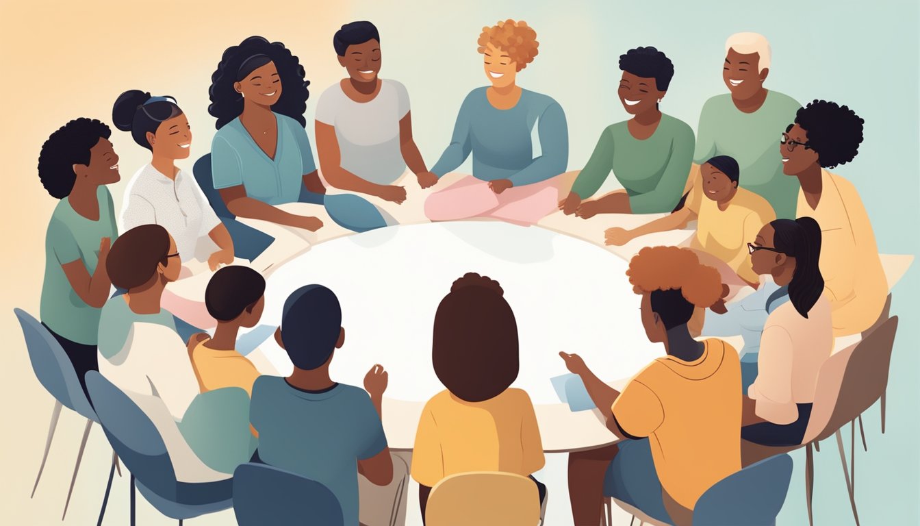 A circle of diverse individuals sharing positive affirmations in a supportive environment