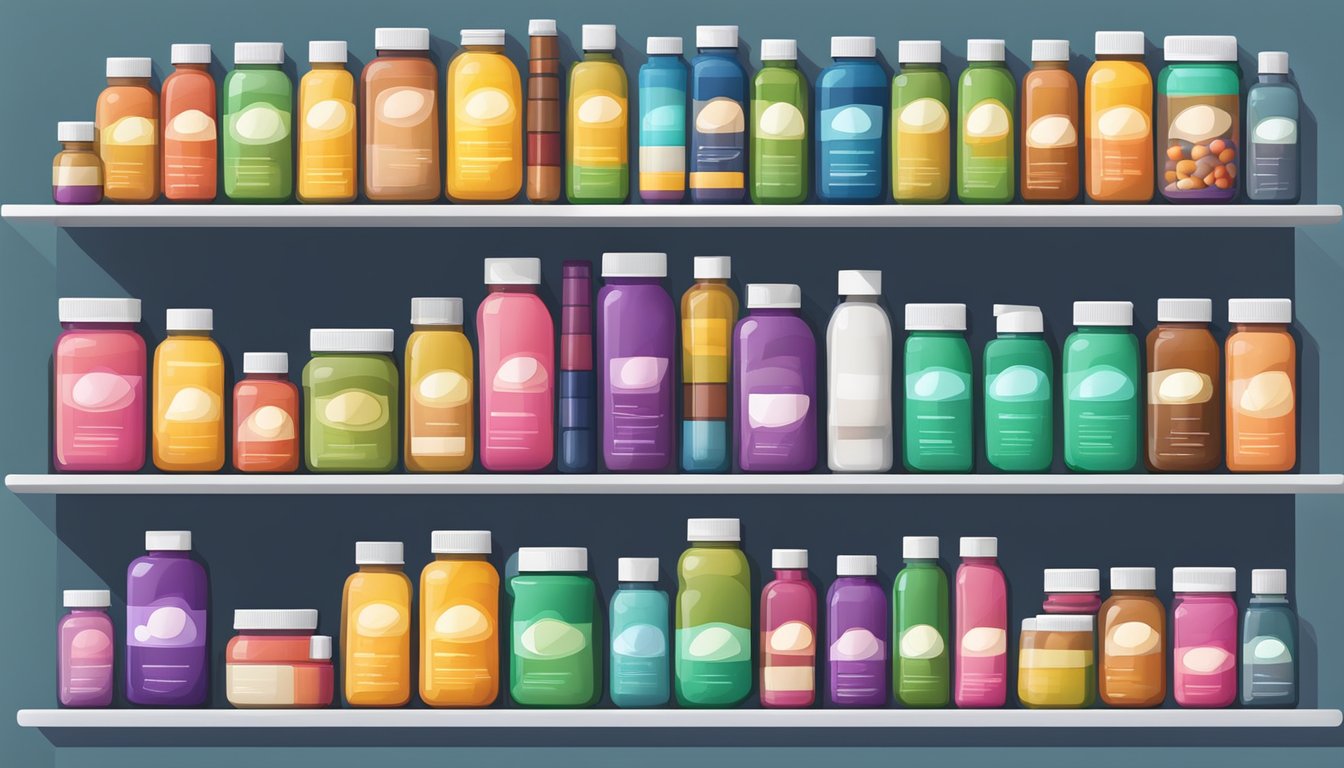 A colorful array of vitamin bottles, protein powders, and nutrient capsules arranged on a sleek, modern shelf