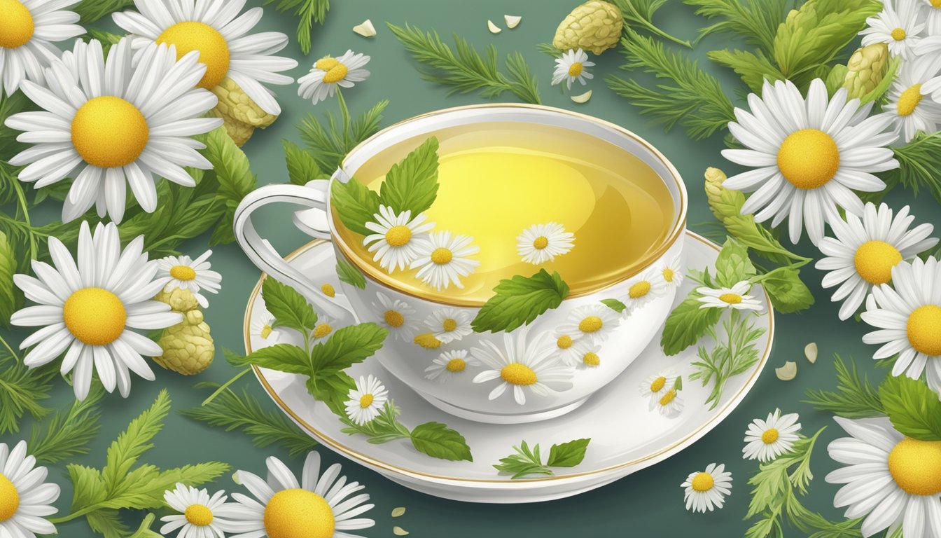 A steaming cup of chamomile tea surrounded by fresh chamomile flowers, ginger root, peppermint leaves, fennel seeds, and lemon slices