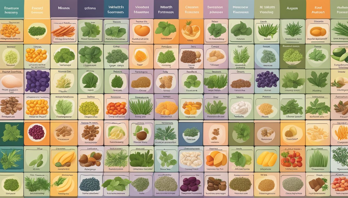 A colorful array of vitamins, minerals, and herbs arranged in a neat grid, each labeled with its specific health benefit