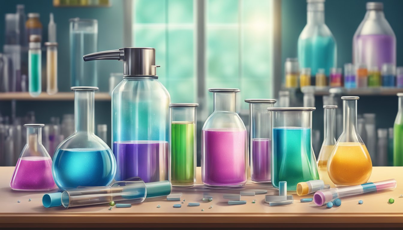 A bottle of Hold sugar hairspray surrounded by test tubes and beakers in a science laboratory