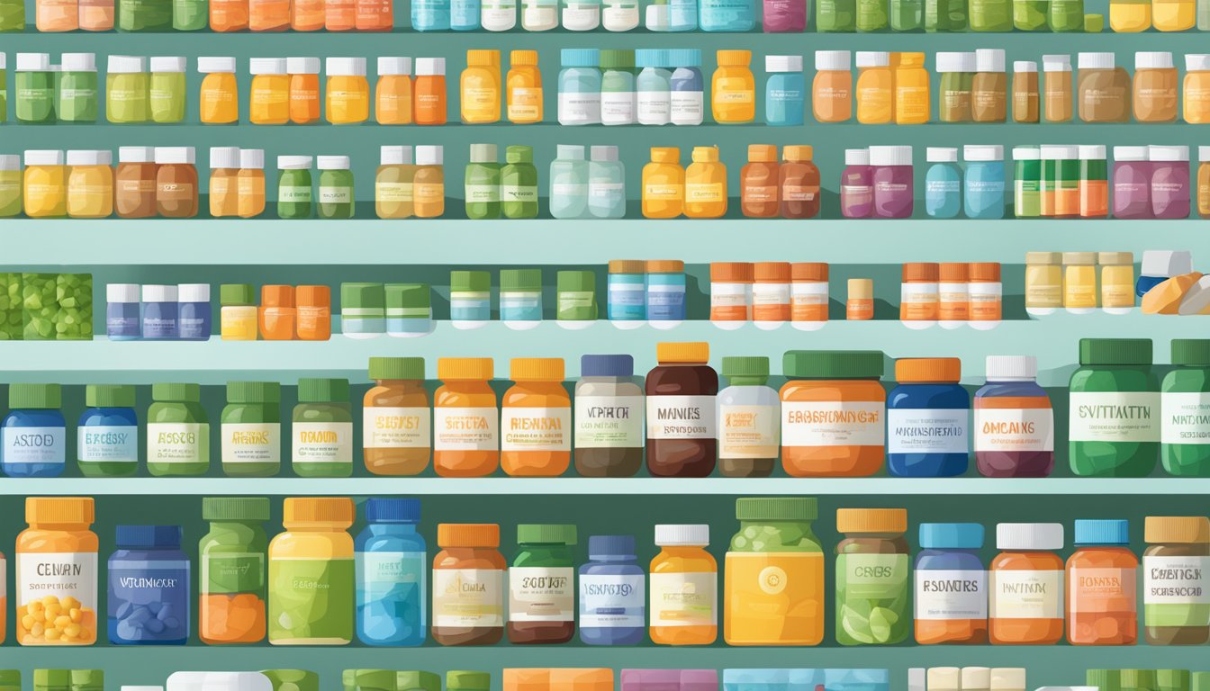 A diverse array of vitamins, minerals, and supplements arranged in a clean, organized display