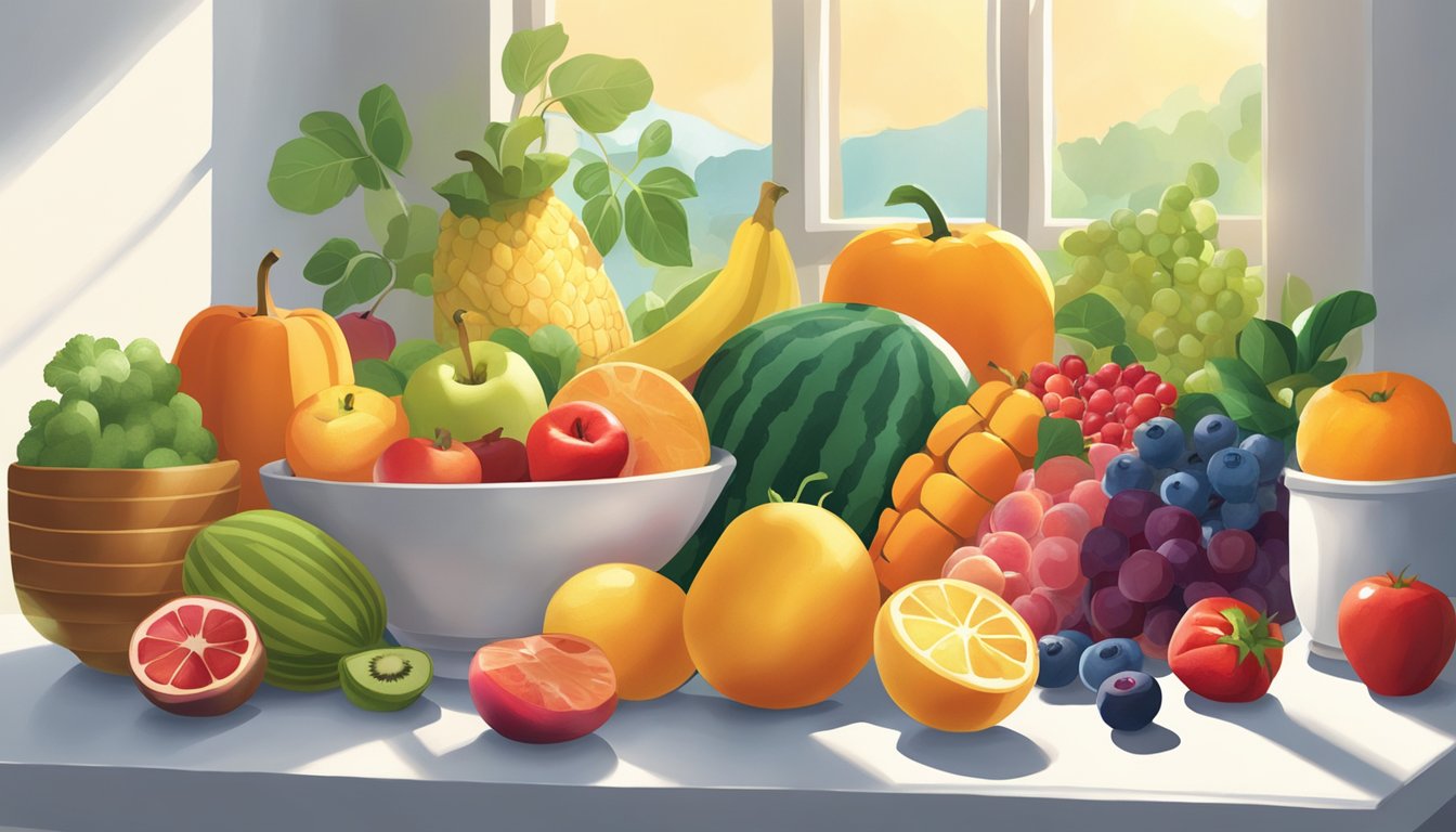 A vibrant array of various fruits, vegetables, and vitamins arranged on a clean, white table. Sunshine filters through a nearby window, casting a warm glow over the scene