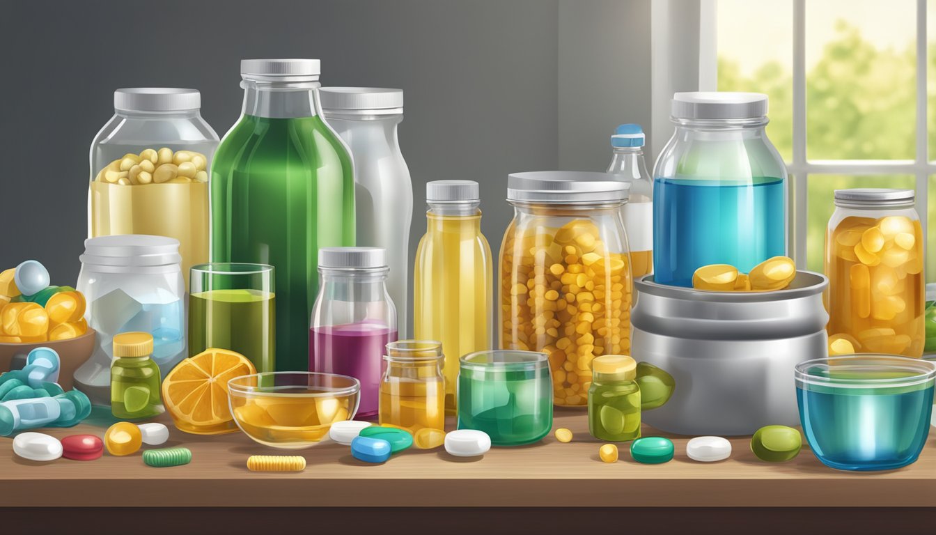 A table filled with various bottles and jars of nutritional supplements, surrounded by a measuring spoon and a glass of water