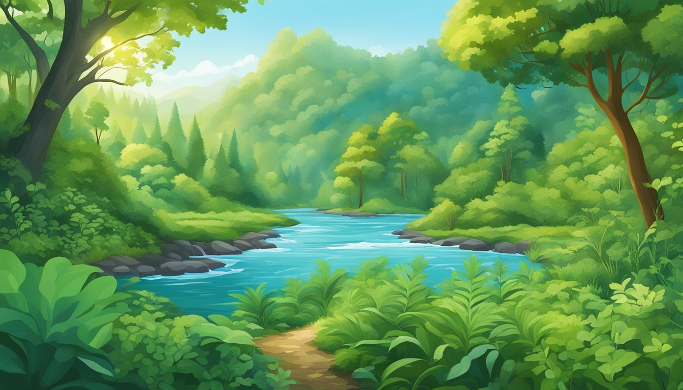 A lush green forest with diverse plant life, flowing rivers, and clear blue skies, showcasing the interconnectedness of nature and the importance of sustainable living