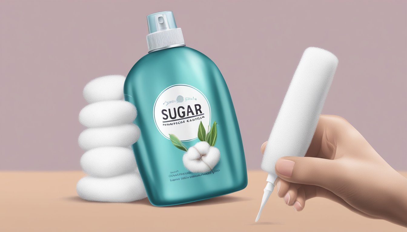 A hand holding a bottle of sugar hairspray with a cotton pad and a cotton swab nearby