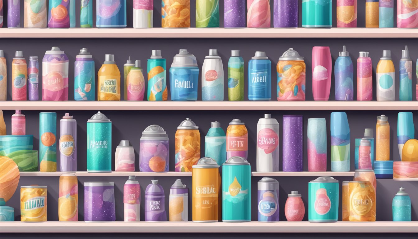 A can of hairspray surrounded by various sugar-related items on a sleek, modern display shelf