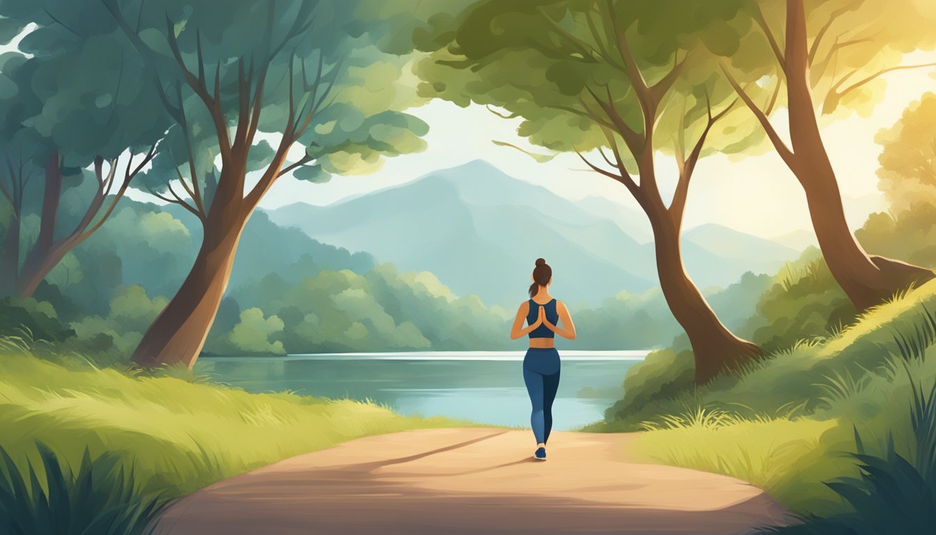 A serene landscape with a person meditating, surrounded by nature and engaging in physical activity like jogging or yoga