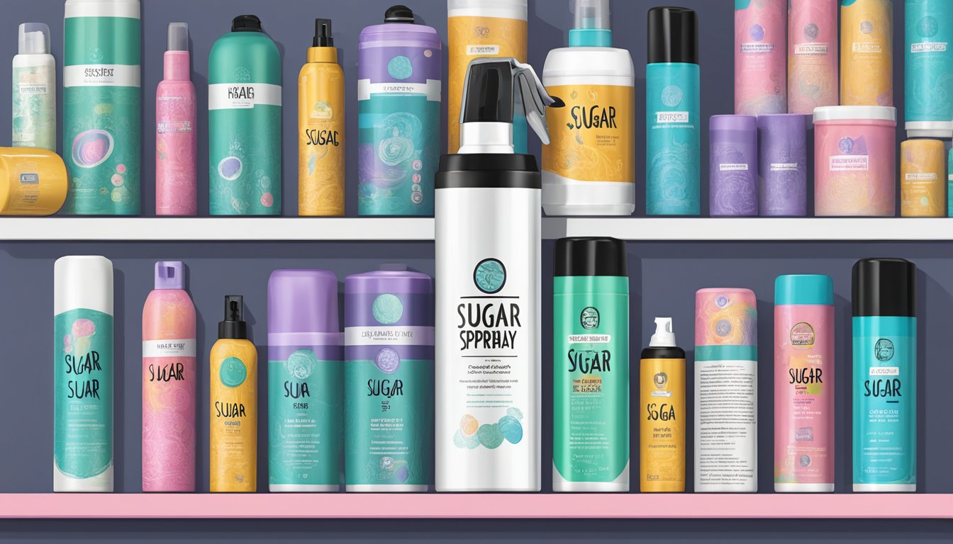 A can of sugar hairspray sits on a shelf, surrounded by other hair products. The label indicates its storage and shelf life