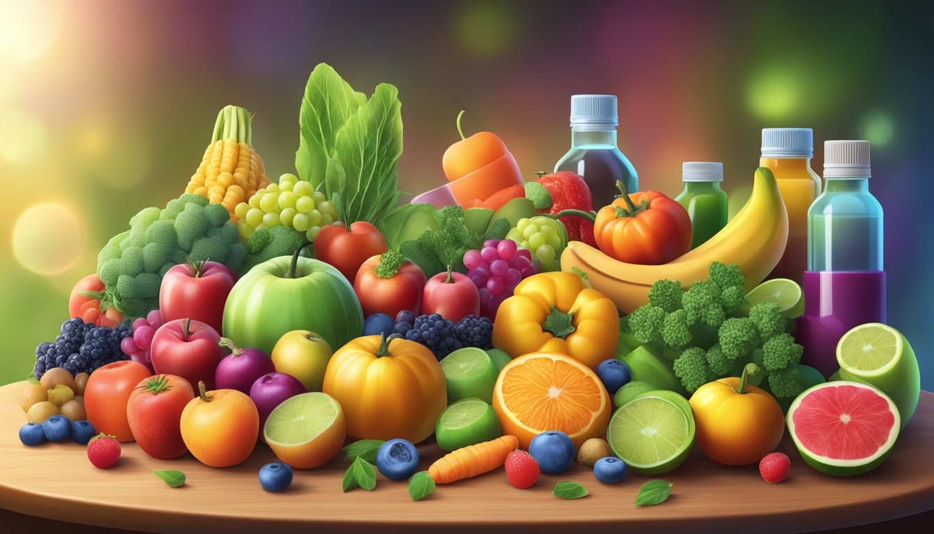 A colorful array of fruits, vegetables, and vitamin supplements arranged on a table, surrounded by a glowing aura of health and vitality