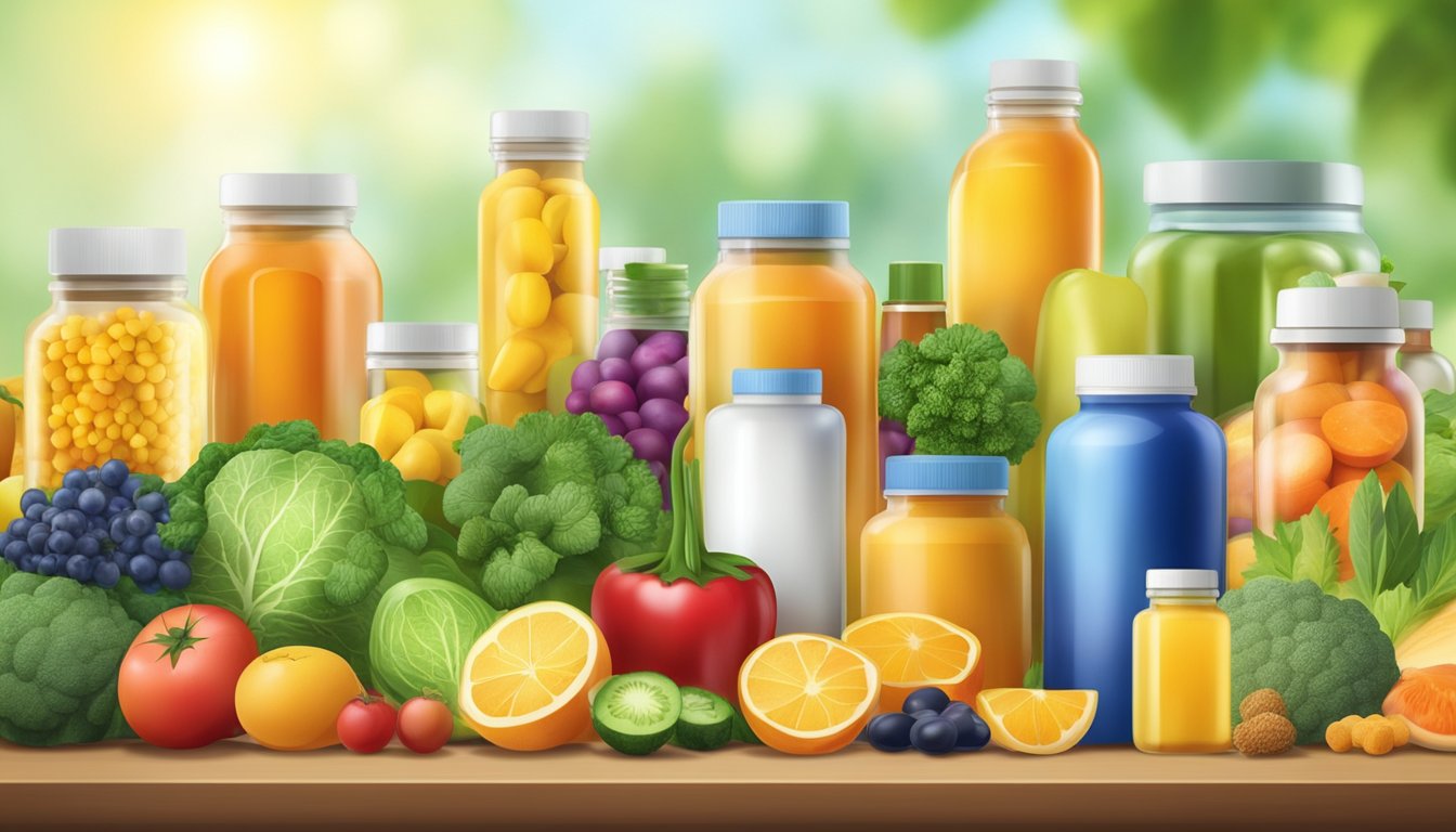 A variety of vitamin bottles and natural sources, like fruits and vegetables, arranged on a table with a bright, clean background