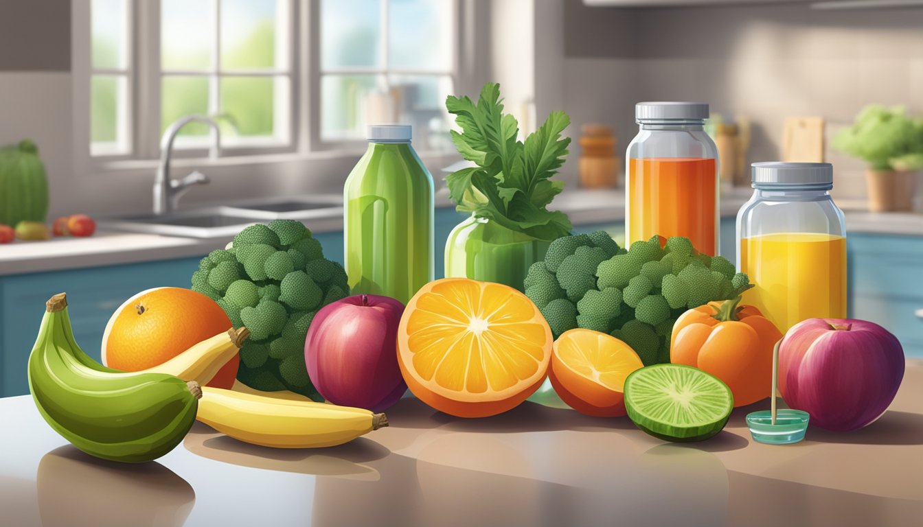 A colorful array of fresh fruits, vegetables, and vitamin bottles arranged on a kitchen counter, with a glass of water and a spoon nearby