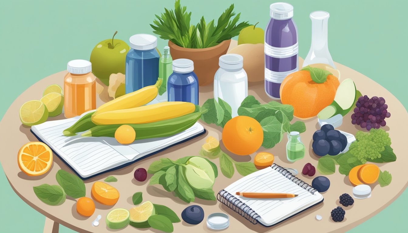 A table with various vitamin bottles and natural supplements, surrounded by fruits and vegetables, a glass of water, and a notebook for tracking intake